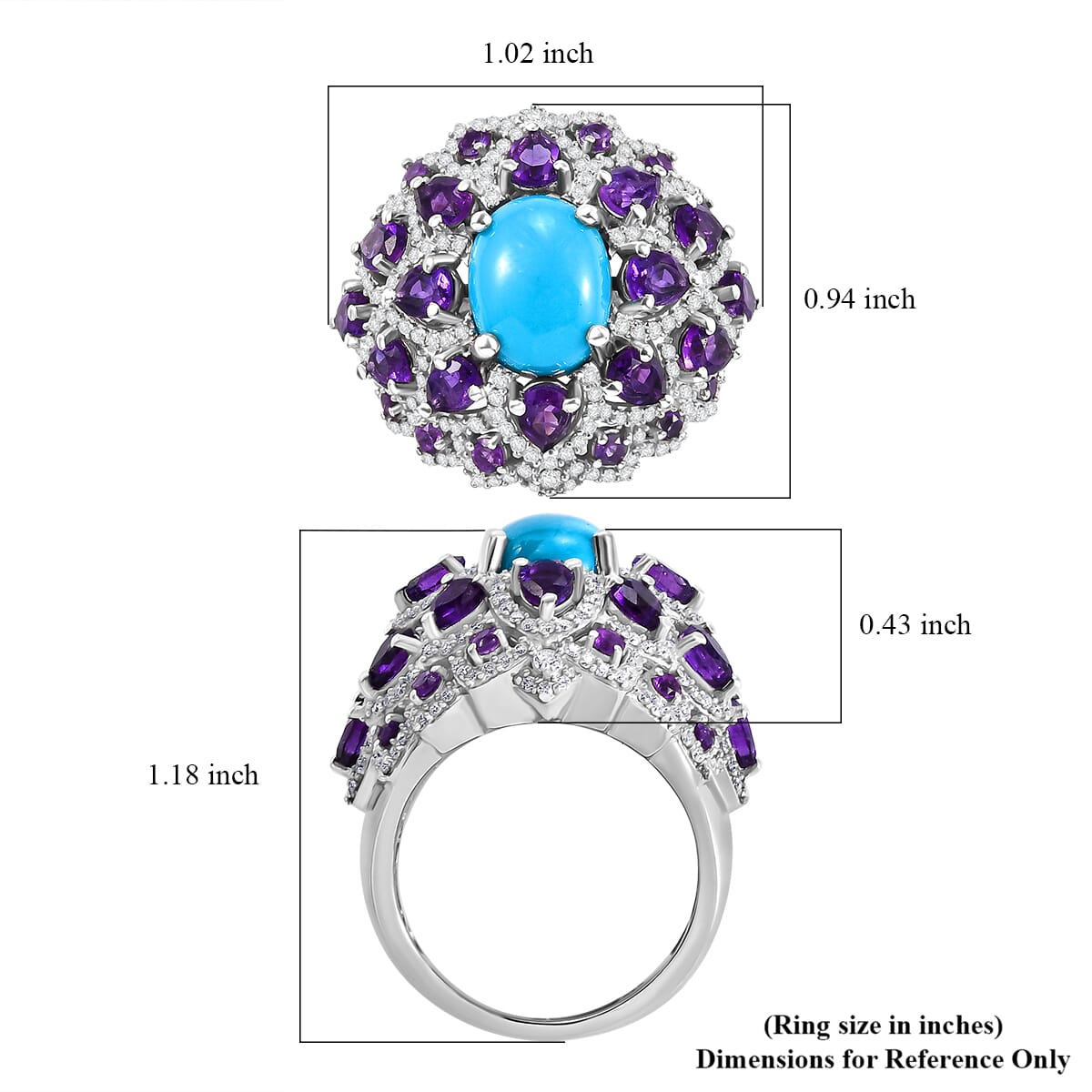 Sleeping Beauty Turquoise and Multi Gemstone 6.40 ctw Lotus Ring in Rhodium Over Sterling Silver (Size 9.0) image number 5