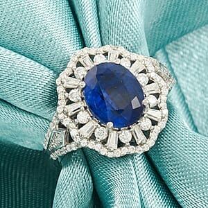 Kashmir Kyanite and Moissanite 4.60 ctw Ethereal Majesty Ring in Rhodium Over Sterling Silver (Size 6.0)