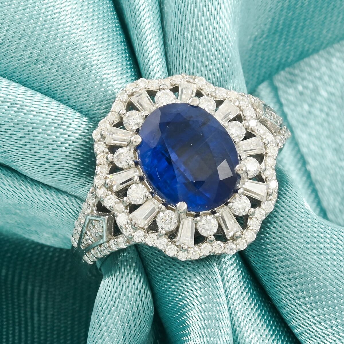 Kashmir Kyanite and Moissanite 4.60 ctw Ethereal Majesty Ring in Rhodium Over Sterling Silver (Size 7.0) image number 1