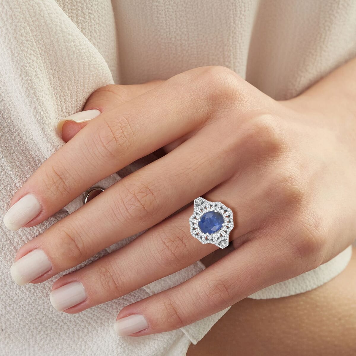 Kashmir Kyanite and Moissanite 4.60 ctw Ethereal Majesty Ring in Rhodium Over Sterling Silver (Size 7.0) image number 2