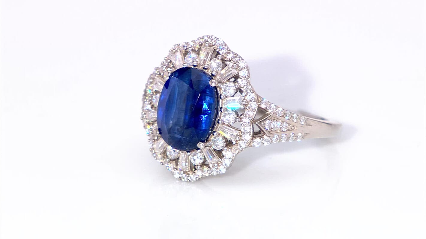 TLV Kashmir Kyanite, Moissanite Ring in Rhodium Over Sterling Silver (Size 8.0) 4.60 ctw