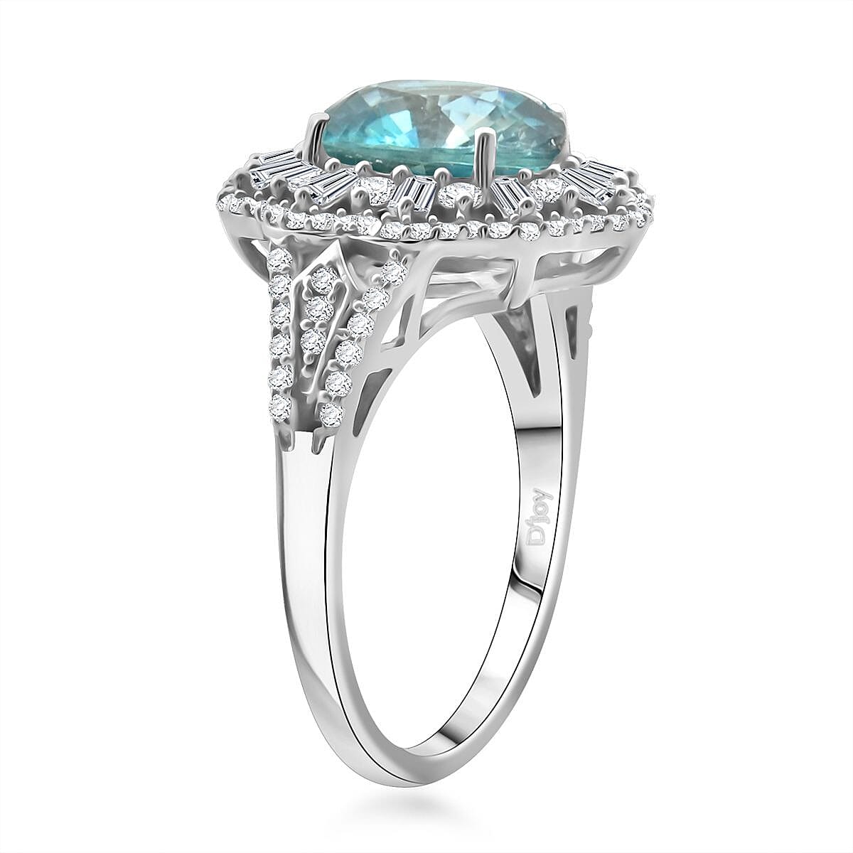 Cambodian Blue Zircon and Moissanite 4.85 ctw Ethereal Majesty Ring in Rhodium Over Sterling Silver (Size 10.0)