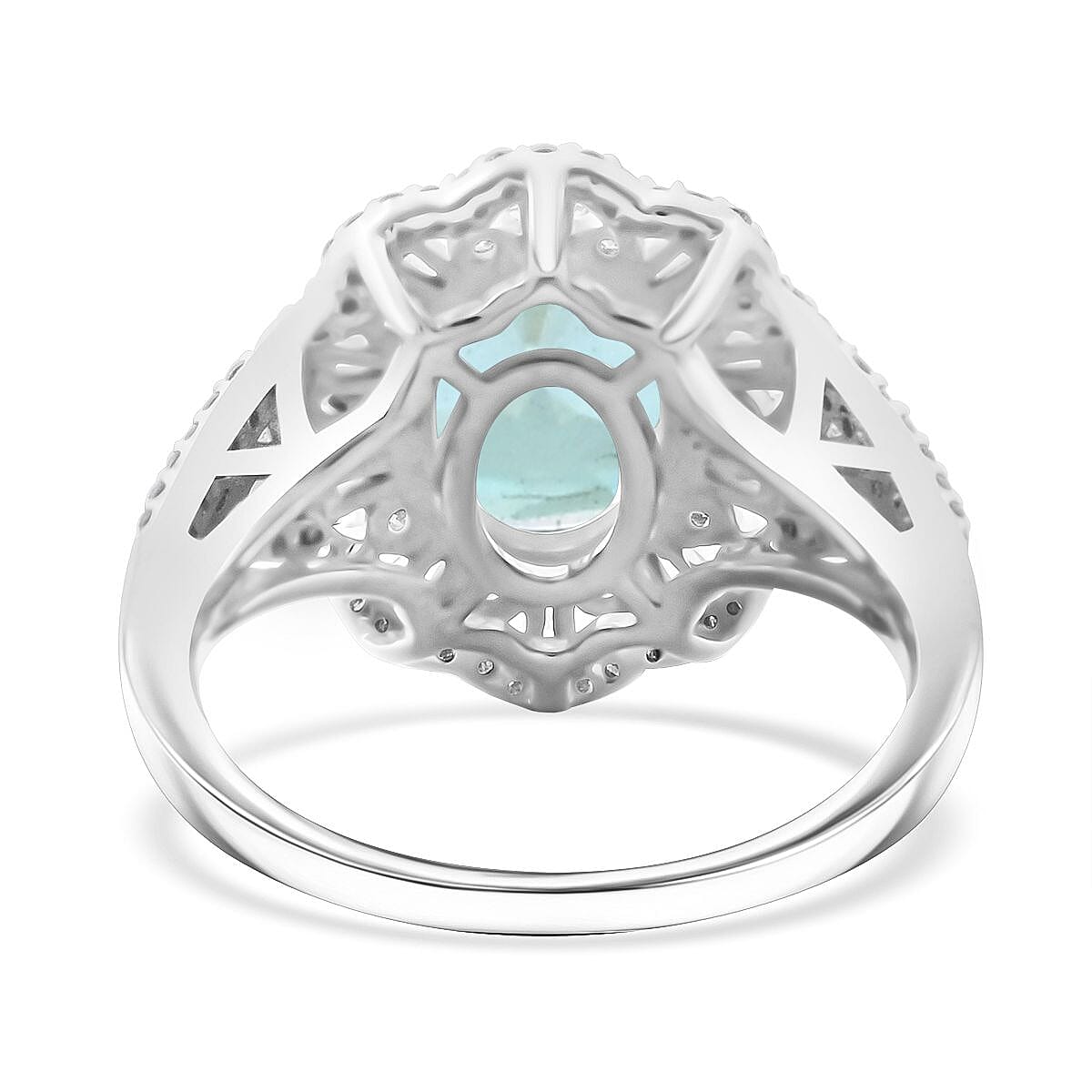 Cambodian Blue Zircon and Moissanite 4.85 ctw Ethereal Majesty Ring in Rhodium Over Sterling Silver (Size 10.0)