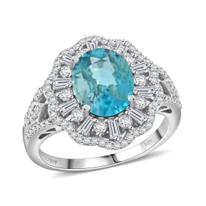 Cambodian Blue Zircon and Moissanite 4.85 ctw Ethereal Majesty Ring in Rhodium Over Sterling Silver (Size 6.0)
