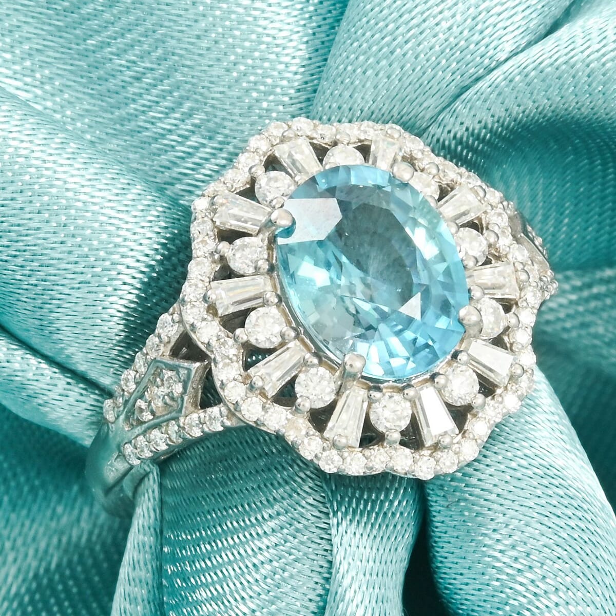 Cambodian Blue Zircon and Moissanite 4.85 ctw Ethereal Majesty Ring in Rhodium Over Sterling Silver (Size 9.0) image number 1