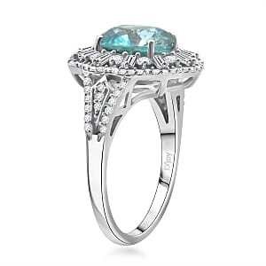 Cambodian Blue Zircon and Moissanite 4.85 ctw Ethereal Majesty Ring in Rhodium Over Sterling Silver (Size 9.0)