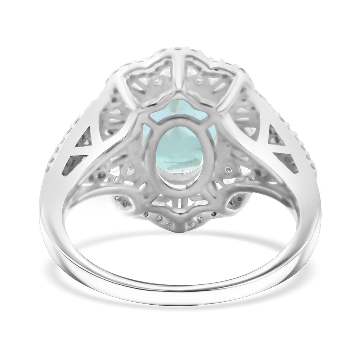 Cambodian Blue Zircon and Moissanite 4.85 ctw Ethereal Majesty Ring in Rhodium Over Sterling Silver (Size 9.0) image number 4