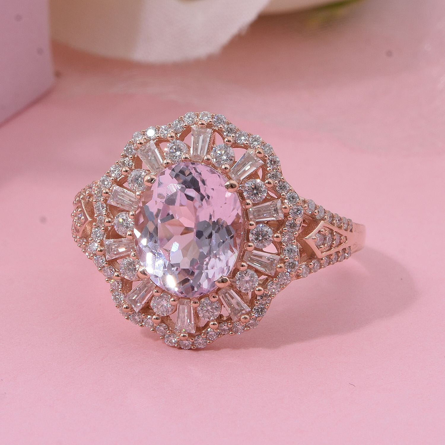 Martha Rocha Kunzite and Moissanite 4.30 ctw Ethereal Majesty Ring in 18K Vermeil Rose Gold Over Sterling Silver (Size 6.0)