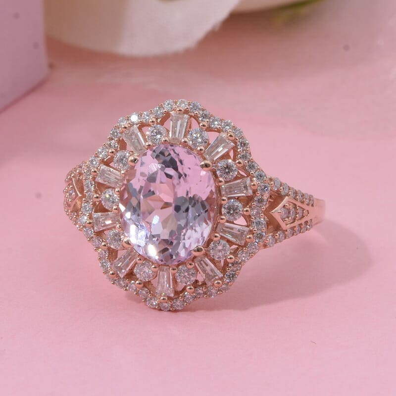 Martha Rocha Kunzite and Moissanite 4.30 ctw Ethereal Majesty Ring in 18K Vermeil Rose Gold Over Sterling Silver (Size 6.0)