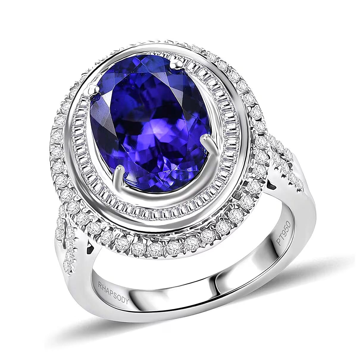 Certified & Appraised Rhapsody AAAA Tanzanite and E-F VS Diamond 6.32 ctw Ring in 950 Platinum (Size 5.0) 10.90 Grams image number 0