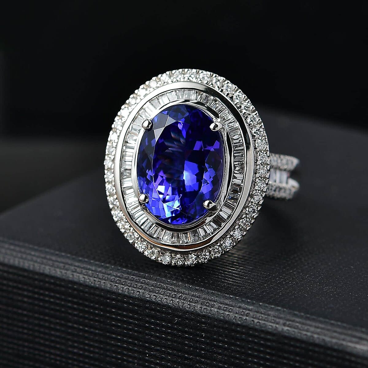 Certified & Appraised Rhapsody AAAA Tanzanite and E-F VS Diamond 6.32 ctw Ring in 950 Platinum (Size 7.5) 10.90 Grams image number 1