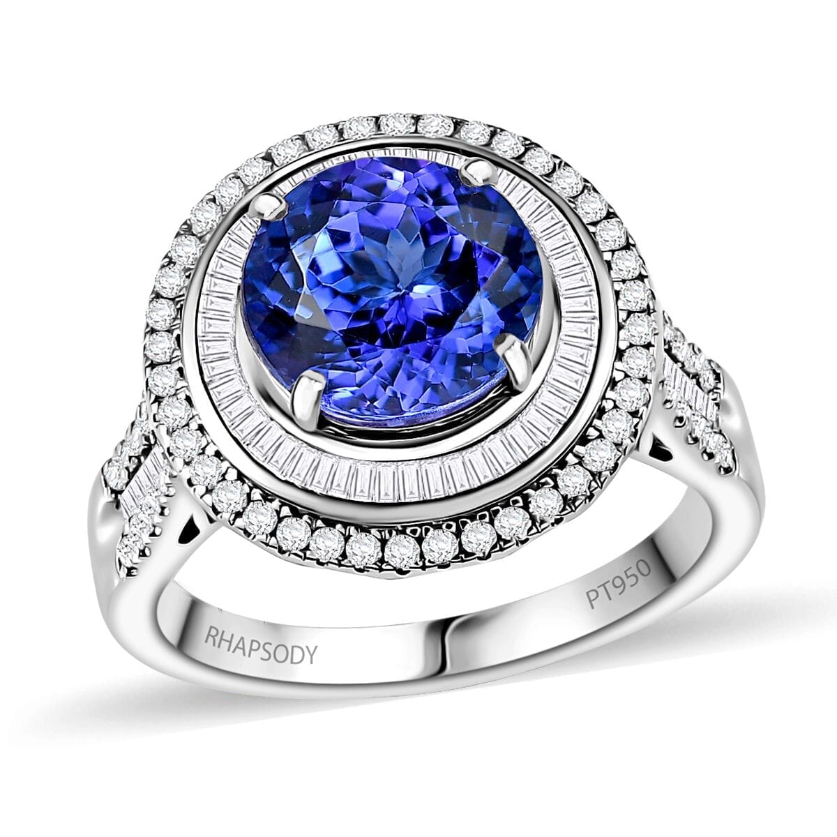 Certified & Appraised Rhapsody 950 Platinum AAAA Tanzanite, Diamond (E-F, VS2) (1.09 cts) Ring (Size 6.5) (10.25 g) 6.11 ctw image number 0