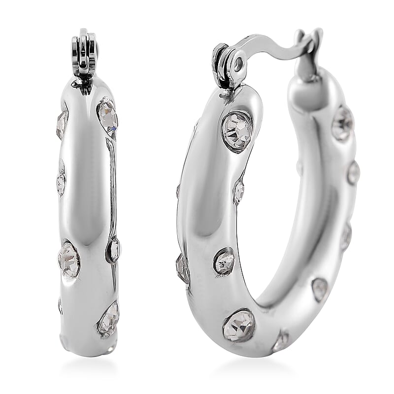 White Austrian Crystal Hoop Earrings in Stainless Steel