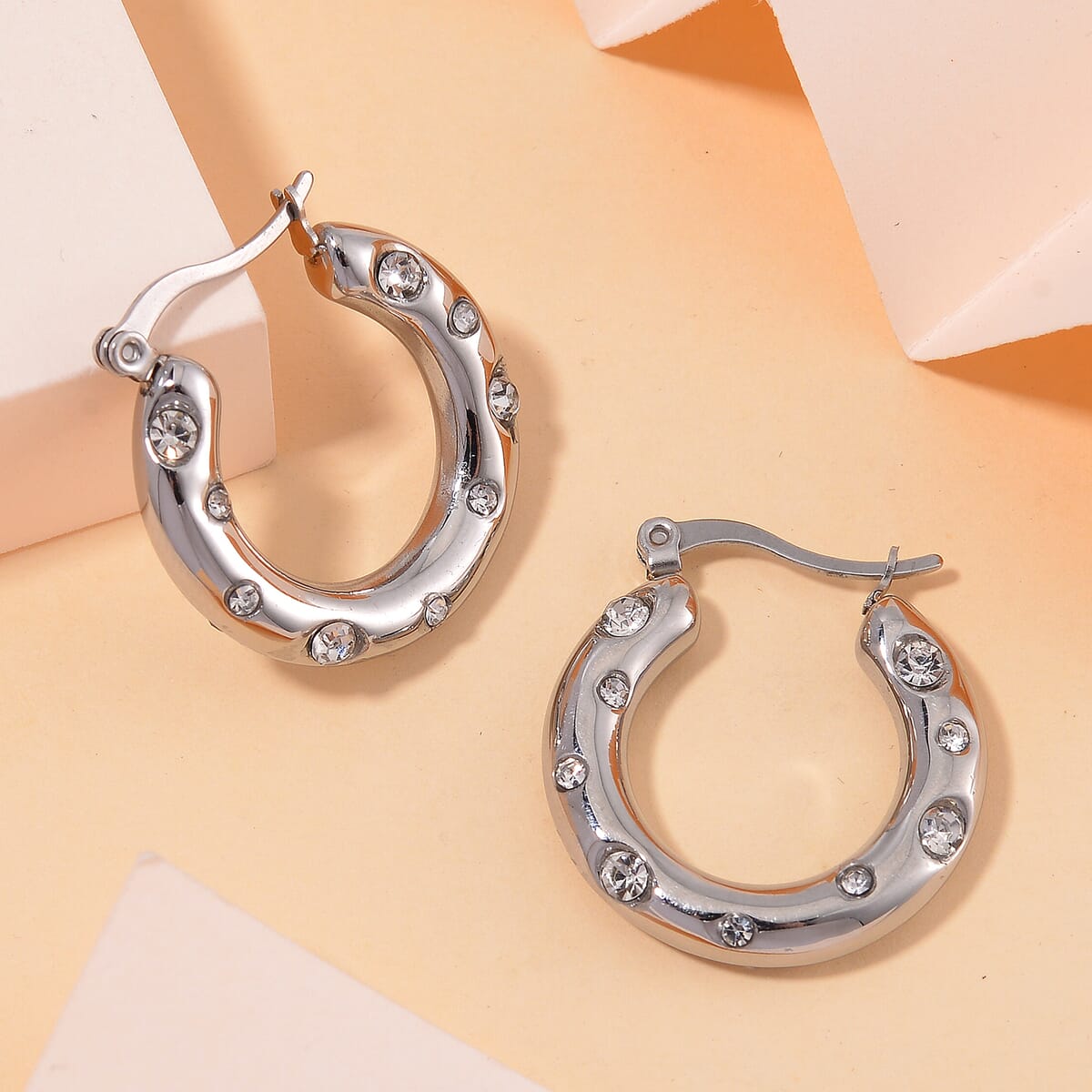 White Austrian Crystal Hoop Earrings in Stainless Steel image number 1