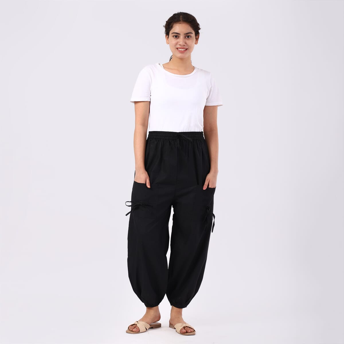 Black 2 Front Pocket Harem Pants with Ankle Cuffs Drawstring - One Size Fits Most image number 0