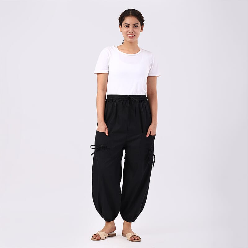 Black 2 Front Pocket Harem Pants with Ankle Cuffs Drawstring - One Size Fits Most