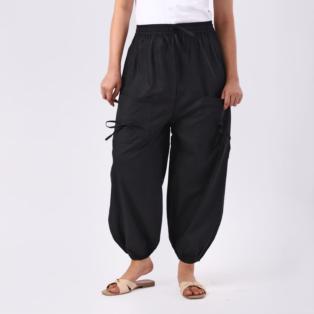 Black 2 Front Pocket Harem Pants with Ankle Cuffs Drawstring - One Size Fits Most image number 1