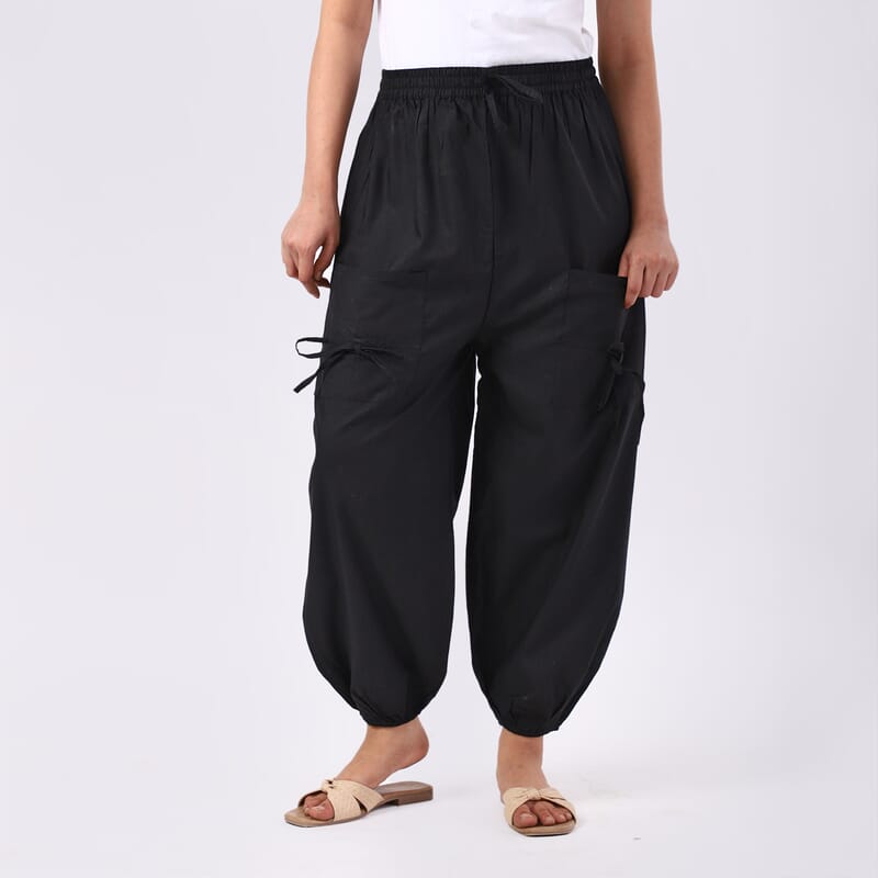 Black 2 Front Pocket Harem Pants with Ankle Cuffs Drawstring - One Size Fits Most