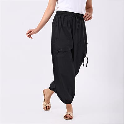 Black 2 Front Pocket Harem Pants with Ankle Cuffs Drawstring - One Size Fits Most