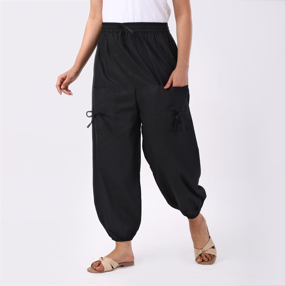 Black 2 Front Pocket Harem Pants with Ankle Cuffs Drawstring - One Size Fits Most image number 3