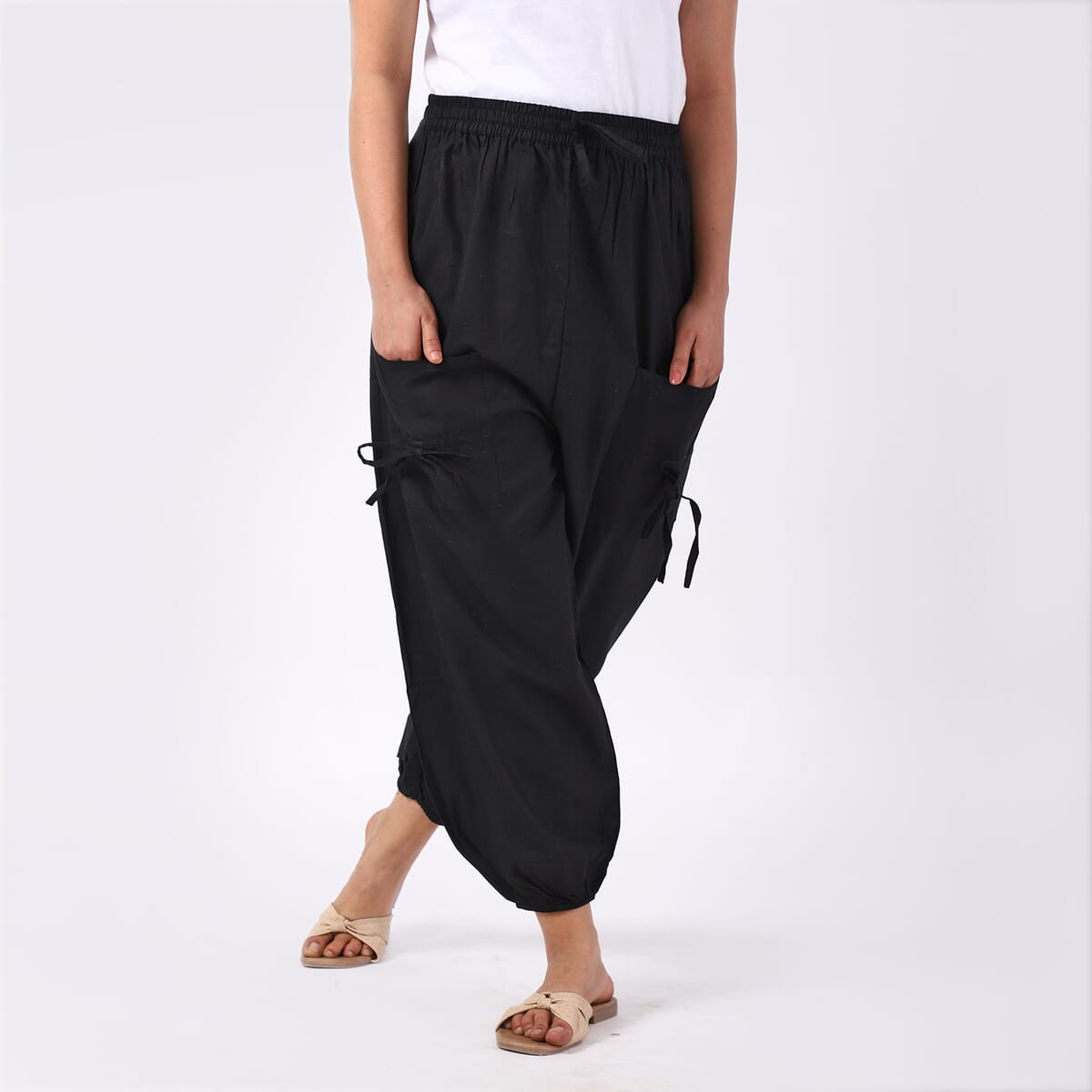Black 2 Front Pocket Harem Pants with Ankle Cuffs Drawstring - One Size Fits Most image number 4