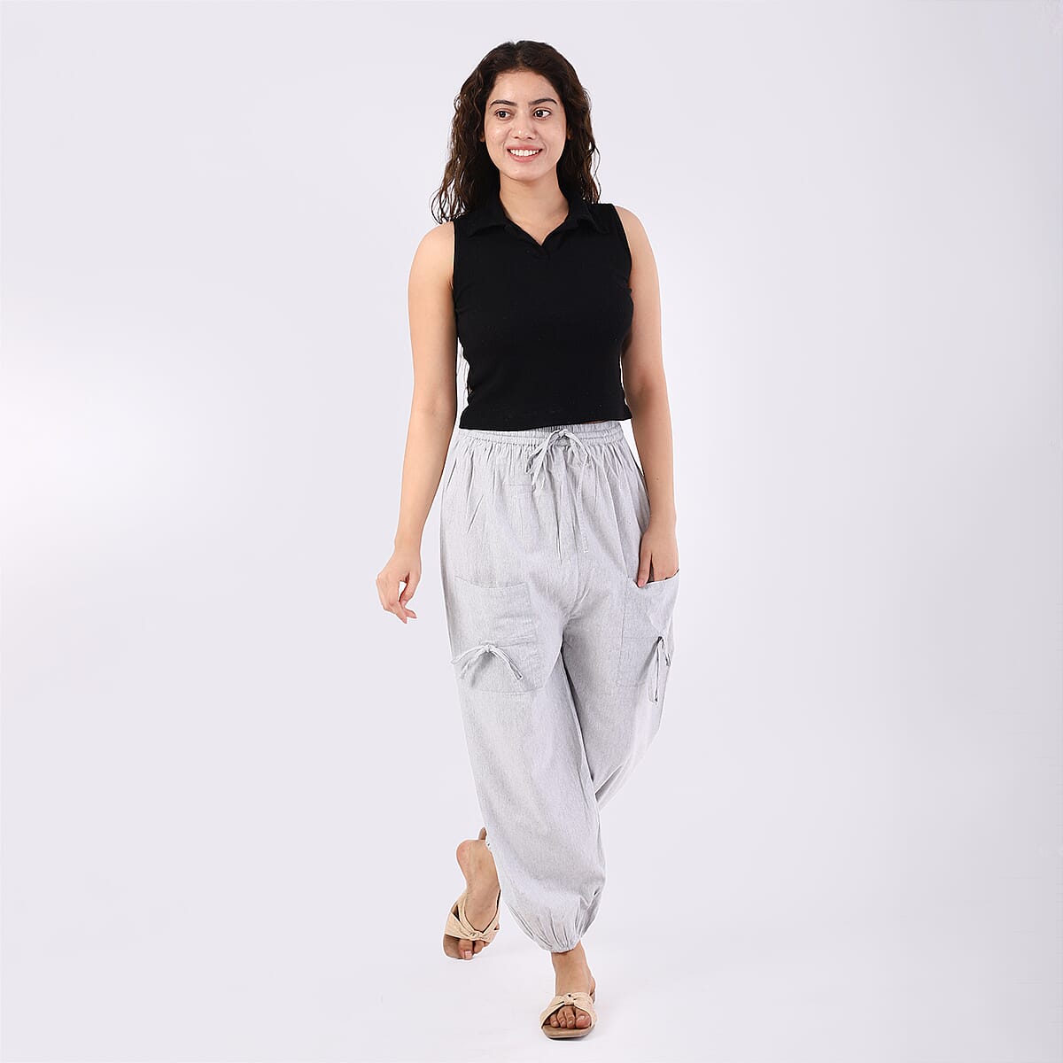 Gray 2 Front Pocket Harem Pants with Ankle Cuffs Drawstring - One Size Fits Most image number 0