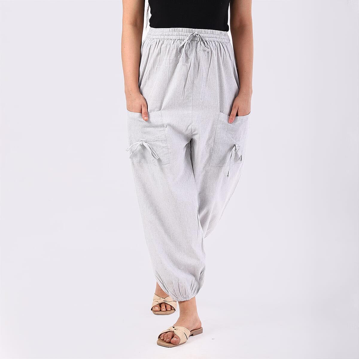 Gray 2 Front Pocket Harem Pants with Ankle Cuffs Drawstring - One Size Fits Most image number 1