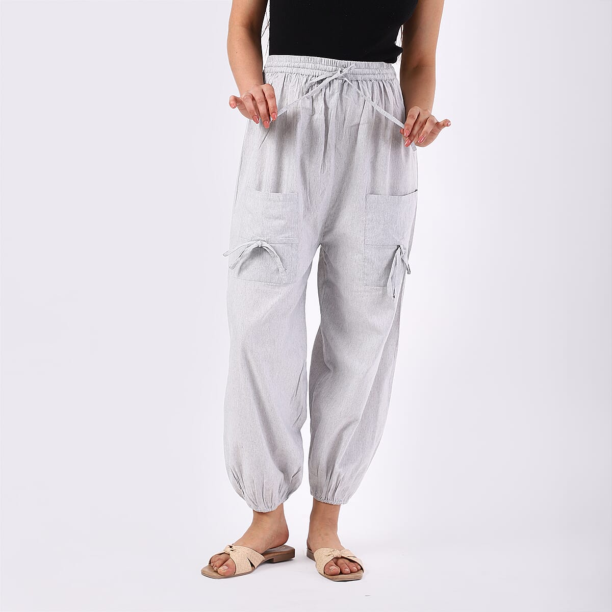 Gray 2 Front Pocket Harem Pants with Ankle Cuffs Drawstring - One Size Fits Most image number 2