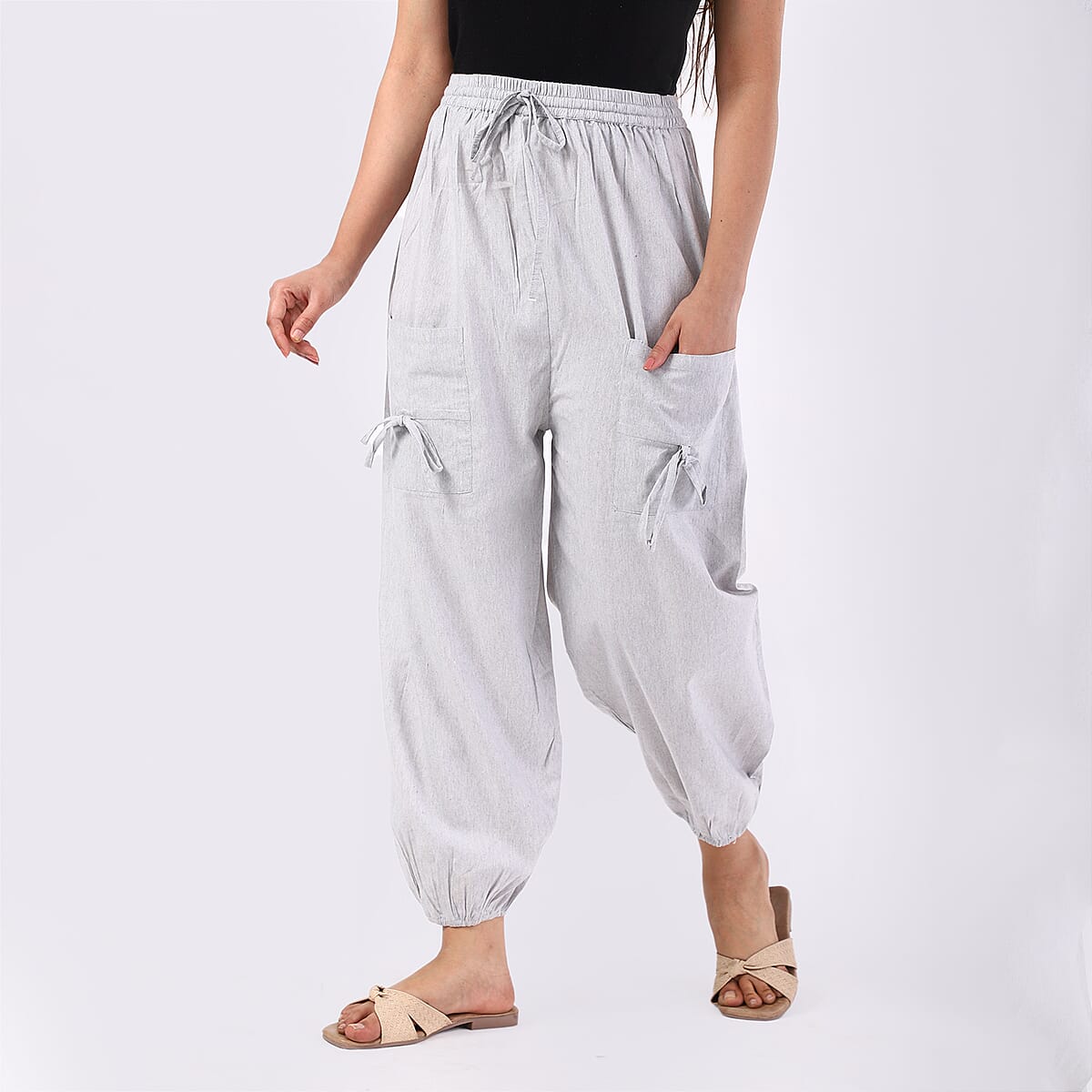 Gray 2 Front Pocket Harem Pants with Ankle Cuffs Drawstring - One Size Fits Most image number 3
