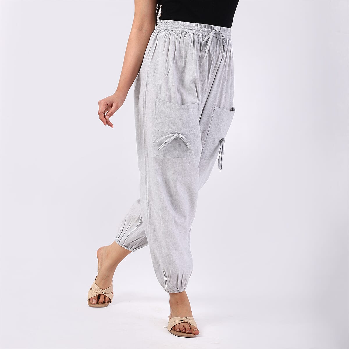 Gray 2 Front Pocket Harem Pants with Ankle Cuffs Drawstring - One Size Fits Most image number 4