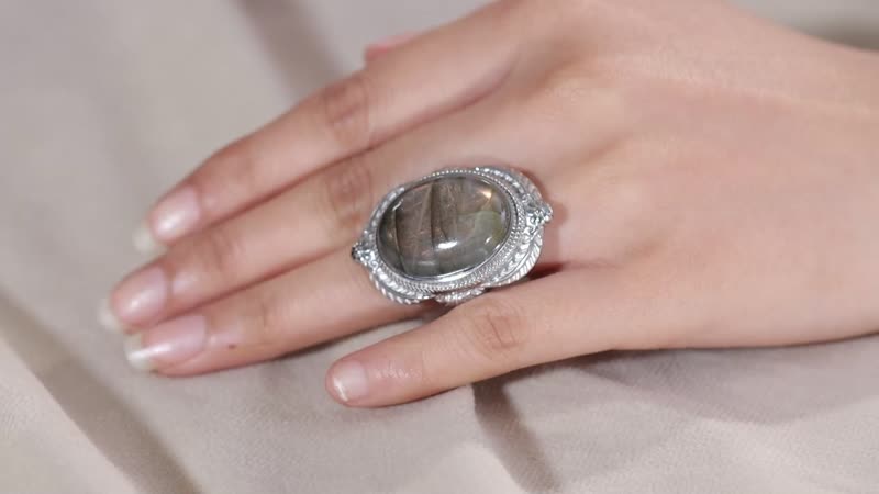 Madagascar Fire Labradorite 29.20 ctw Feather Ring in Stainless Steel