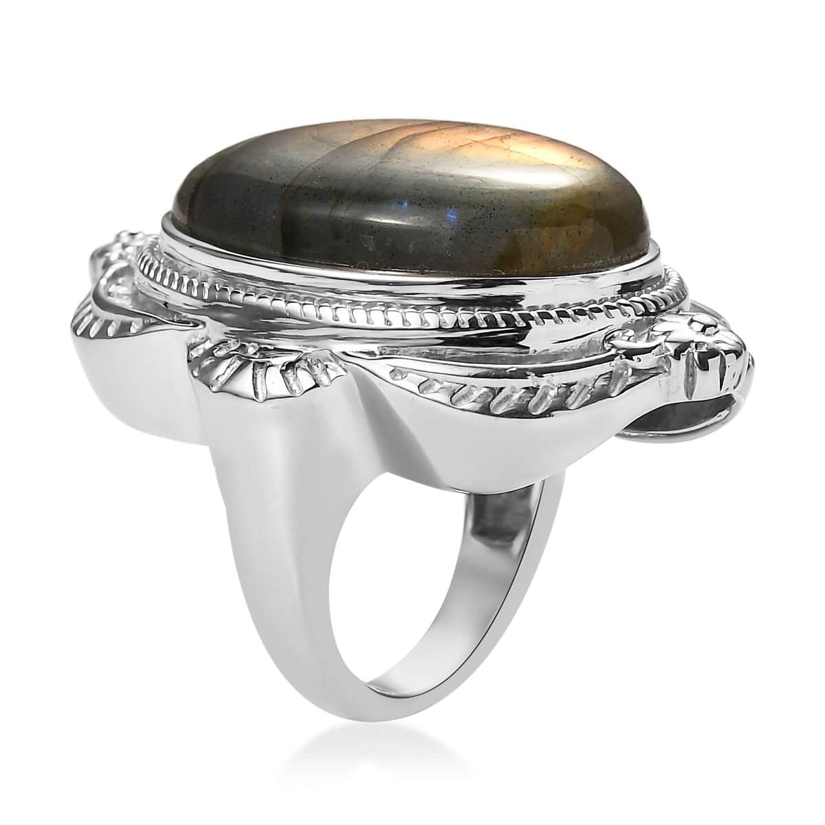 Madagascar Fire Labradorite 29.20 ctw Feather Ring in Stainless Steel (Size 10.0) image number 2