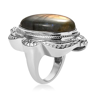 Madagascar Fire Labradorite 29.20 ctw Feather Ring in Stainless Steel (Size 10.0)