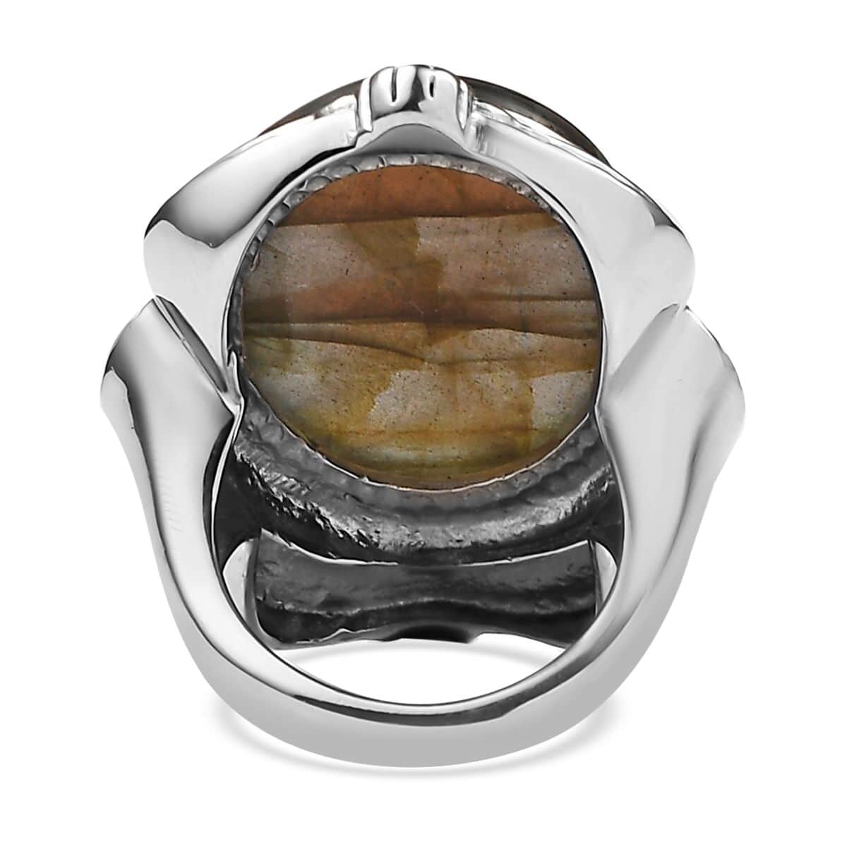 Madagascar Fire Labradorite 29.20 ctw Feather Ring in Stainless Steel (Size 10.0) image number 3