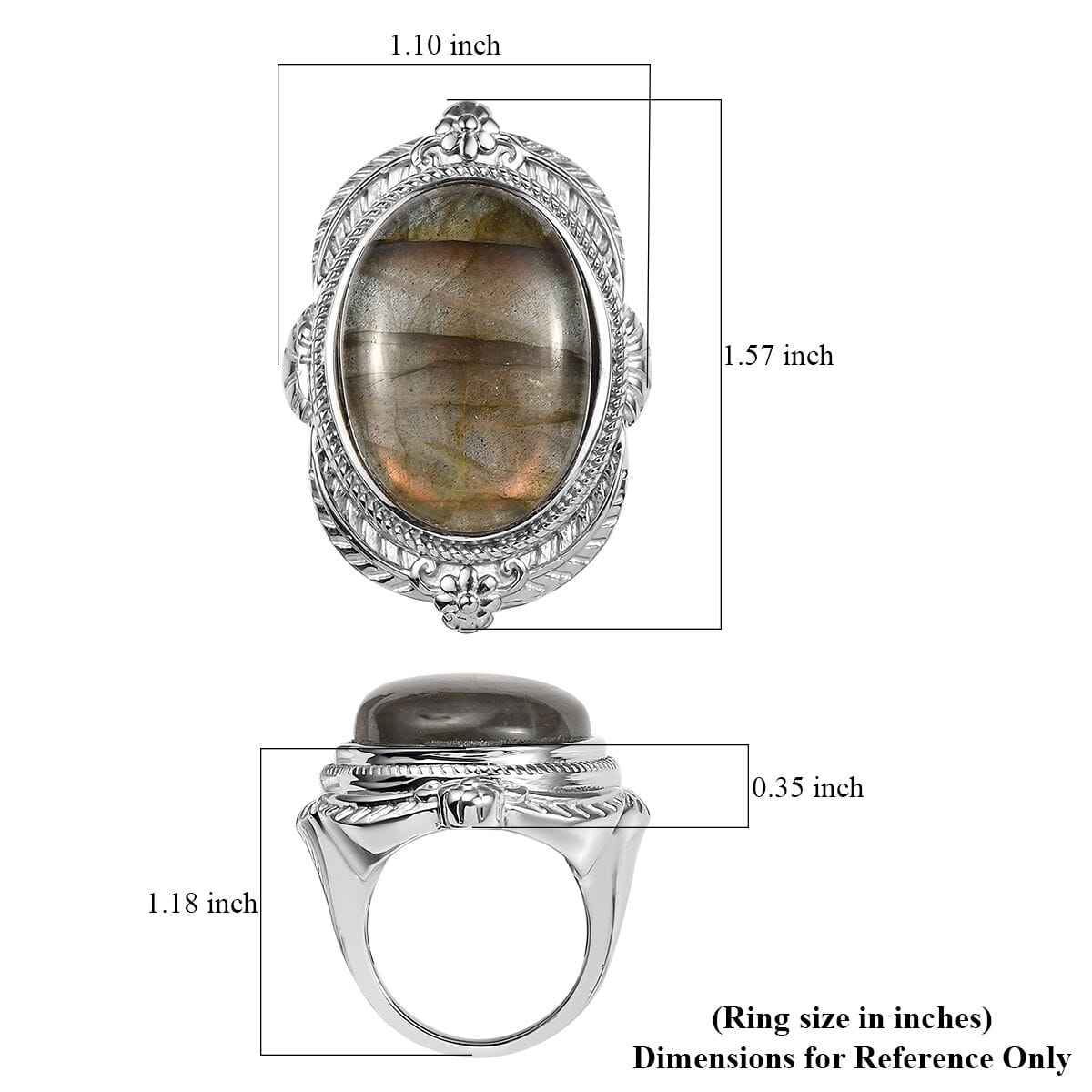 Madagascar Fire Labradorite 29.20 ctw Feather Ring in Stainless Steel (Size 8.0) image number 4