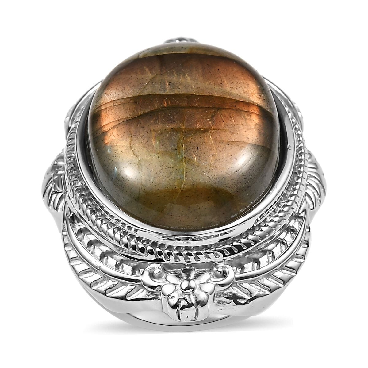 Madagascar Fire Labradorite 29.20 ctw Feather Ring in Stainless Steel (Size 9.0) image number 0