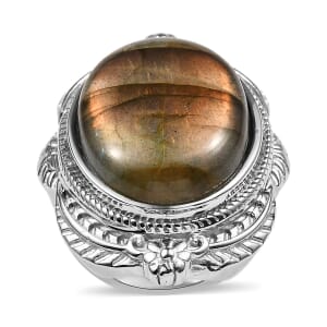 Madagascar Fire Labradorite 29.20 ctw Feather Ring in Stainless Steel (Size 9.0)