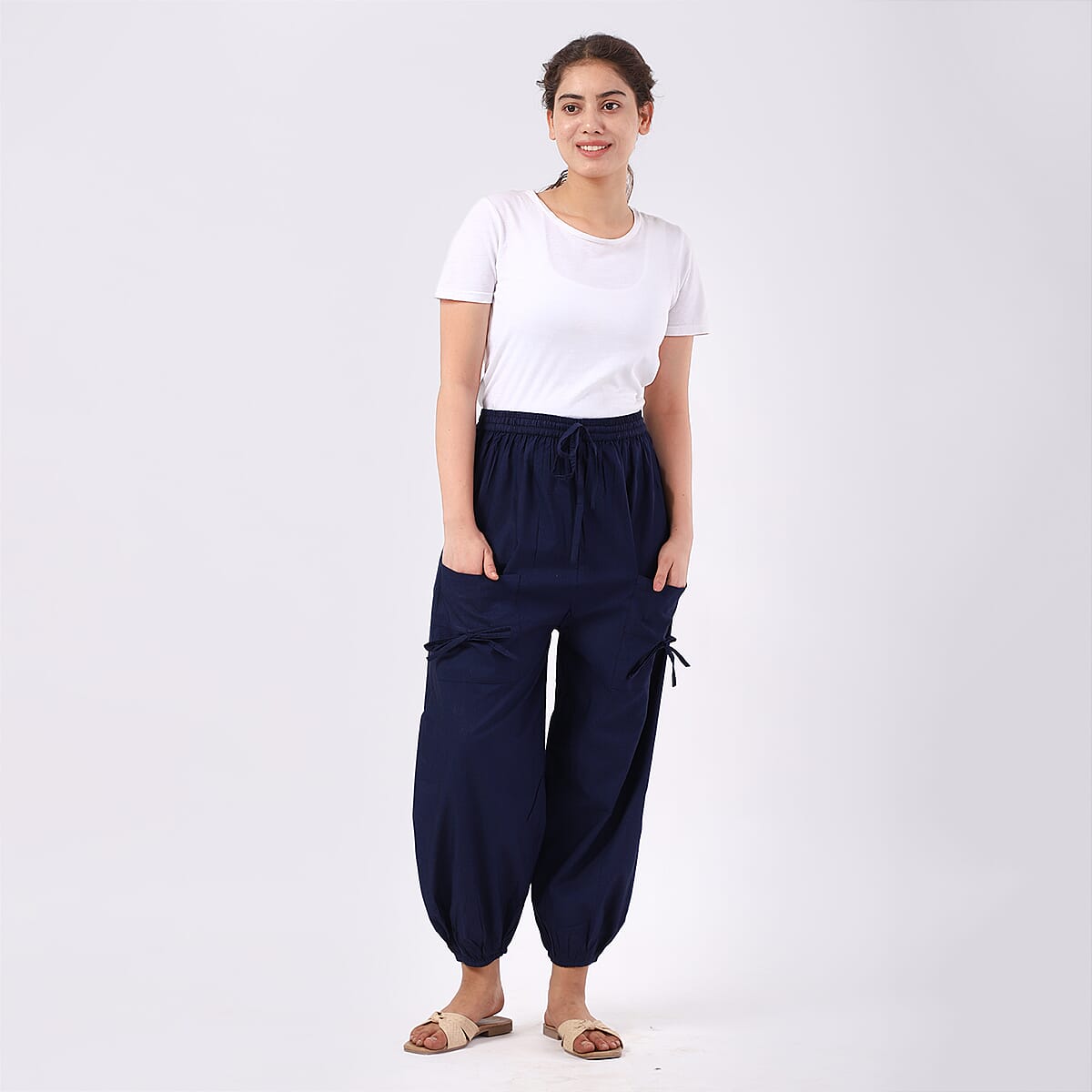 Navy 2 Front Pocket Harem Pants with Ankle Cuffs Drawstring - One Size Fits Most image number 0