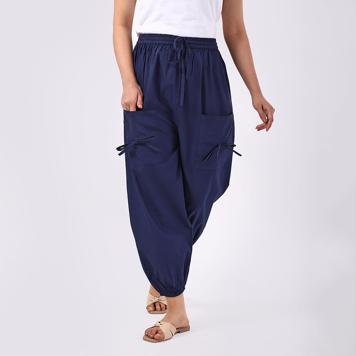 Navy 2 Front Pocket Harem Pants with Ankle Cuffs Drawstring - One Size Fits Most image number 1