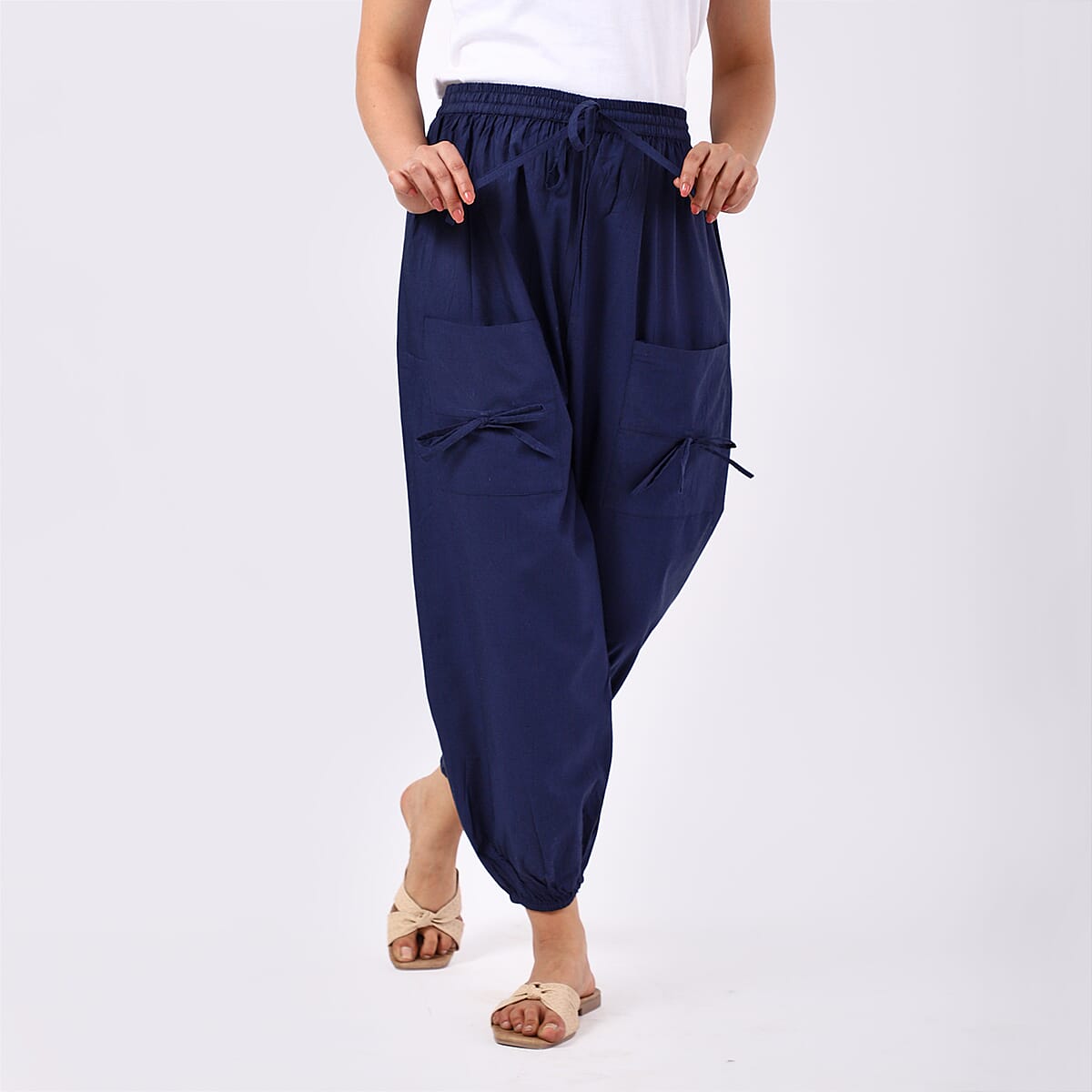 Navy 2 Front Pocket Harem Pants with Ankle Cuffs Drawstring - One Size Fits Most image number 2