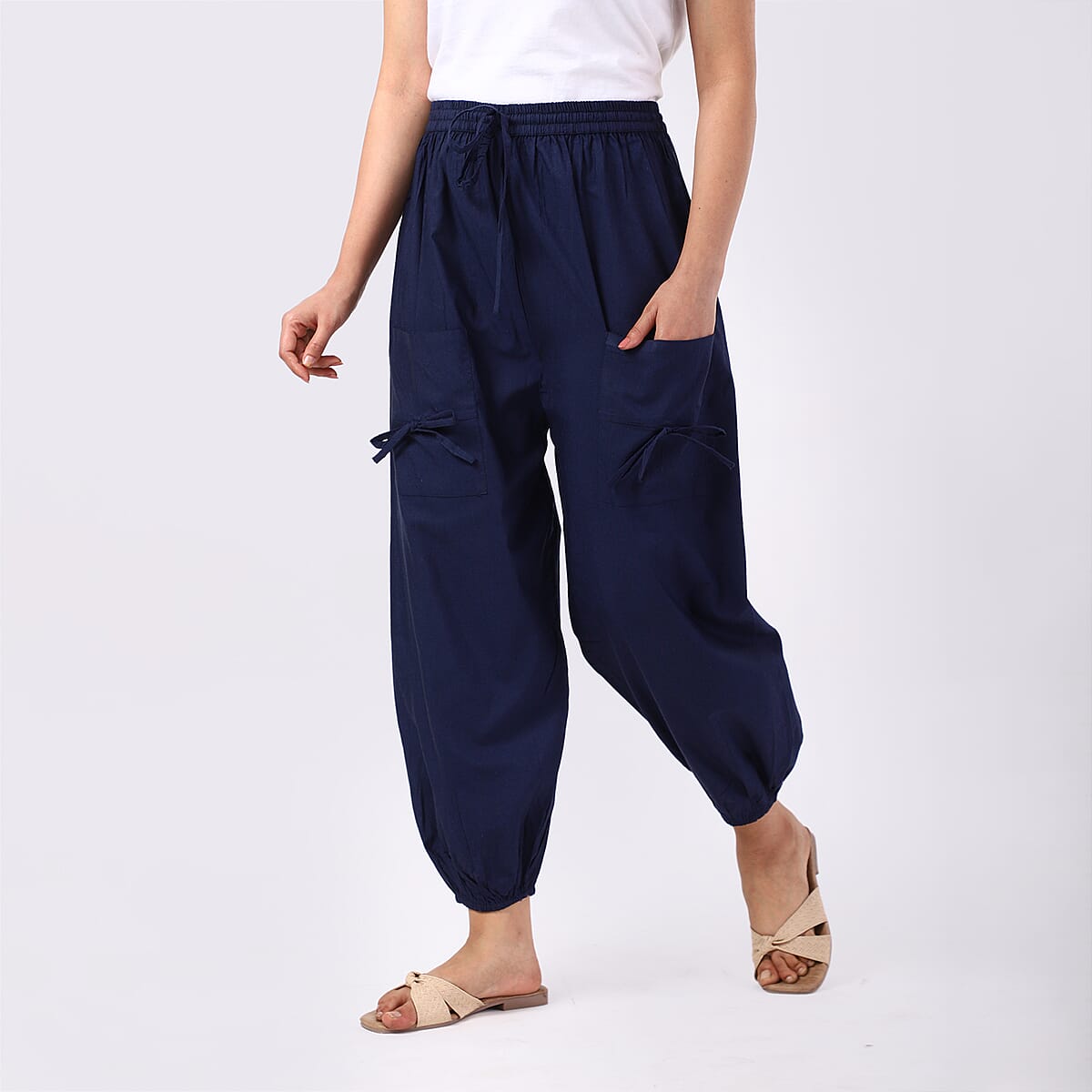 Navy 2 Front Pocket Harem Pants with Ankle Cuffs Drawstring - One Size Fits Most image number 3
