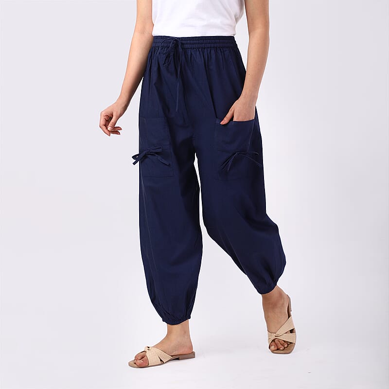 Navy 2 Front Pocket Harem Pants with Ankle Cuffs Drawstring - One Size Fits Most