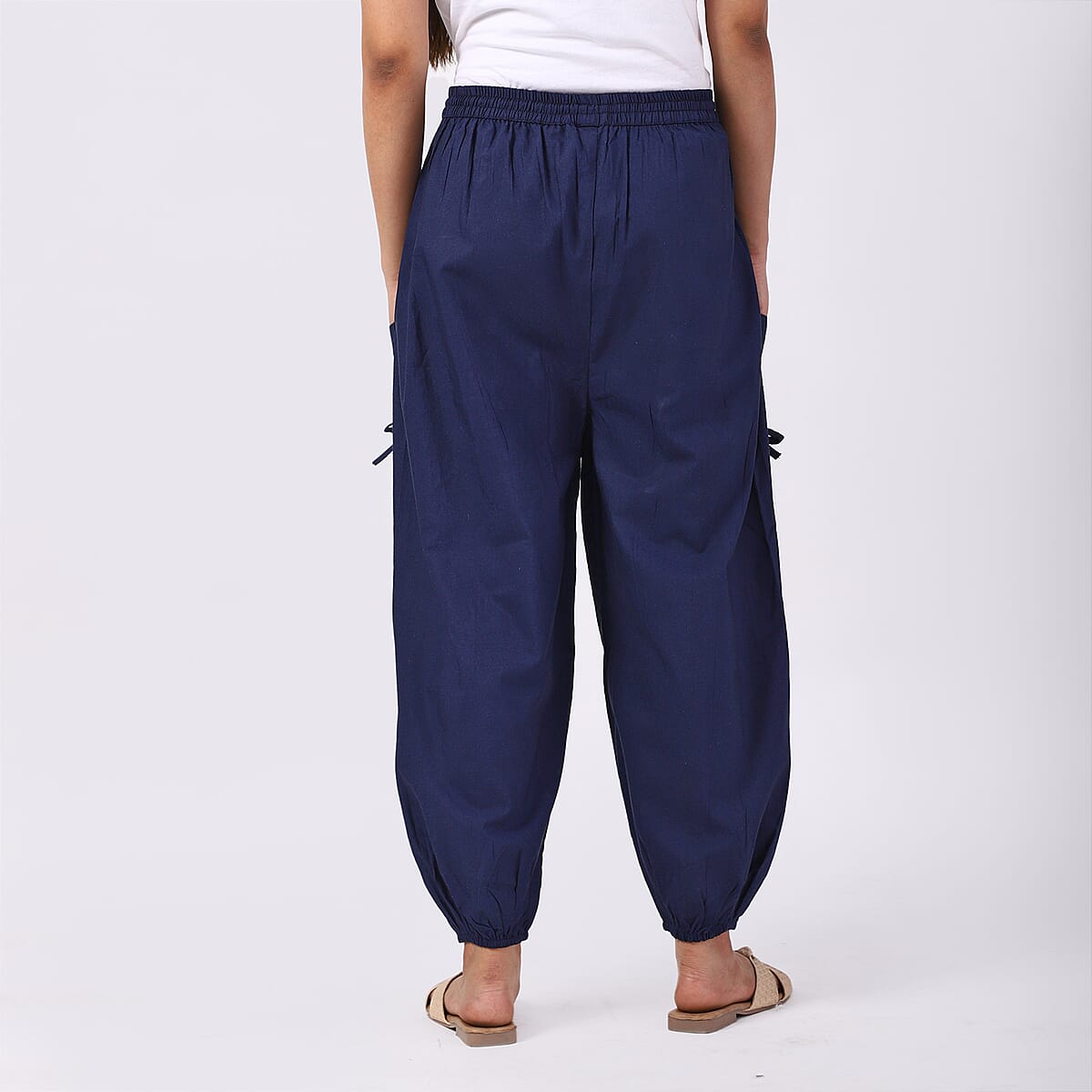 Navy 2 Front Pocket Harem Pants with Ankle Cuffs Drawstring - One Size Fits Most image number 4
