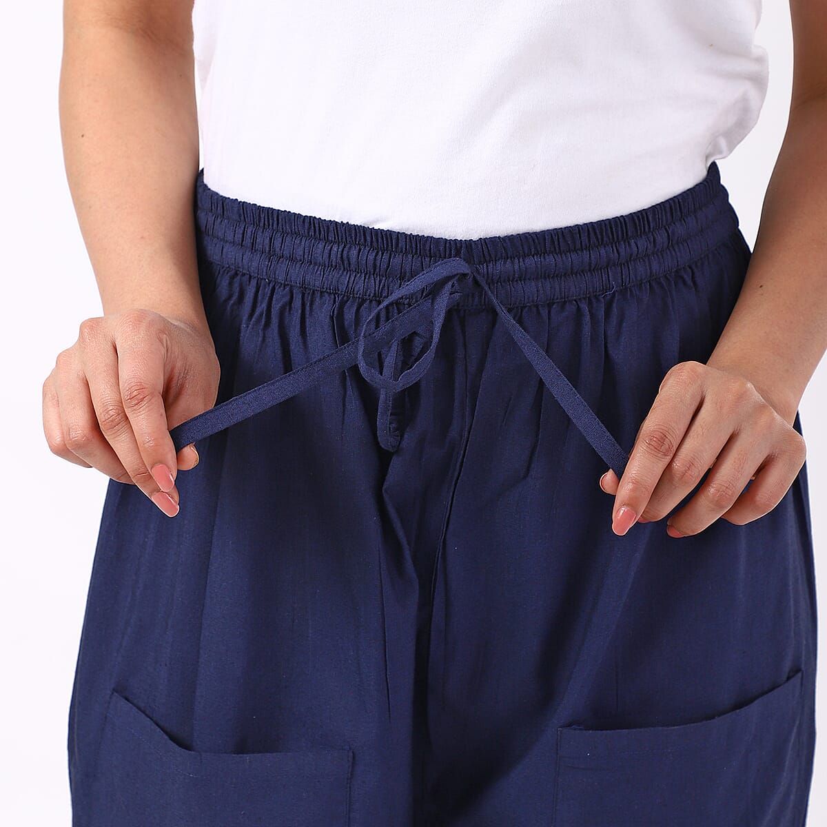 Navy 2 Front Pocket Harem Pants with Ankle Cuffs Drawstring - One Size Fits Most image number 5