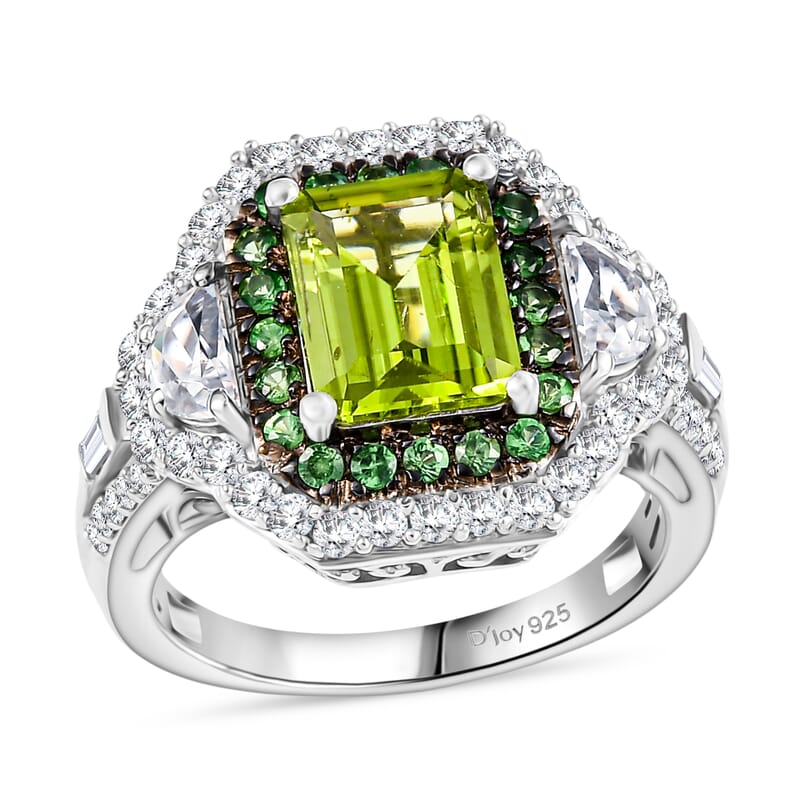 D'Joy Hebei Peridot and Multi Gemstone 4.30 ctw Halo Harmony Ring in Rhodium Over Sterling Silver (Size 10.0)