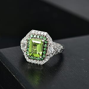 D'Joy Hebei Peridot and Multi Gemstone 4.30 ctw Halo Harmony Ring in Rhodium Over Sterling Silver (Size 10.0)