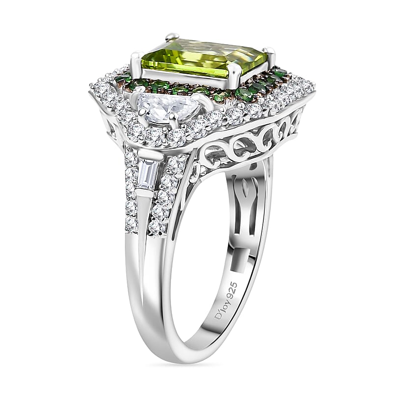 D'Joy Hebei Peridot and Multi Gemstone 4.30 ctw Halo Harmony Ring in Rhodium Over Sterling Silver (Size 10.0)