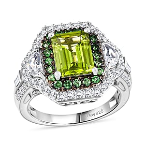 D'Joy Hebei Peridot and Multi Gemstone 4.30 ctw Halo Harmony Ring in Rhodium Over Sterling Silver (Size 7.0)
