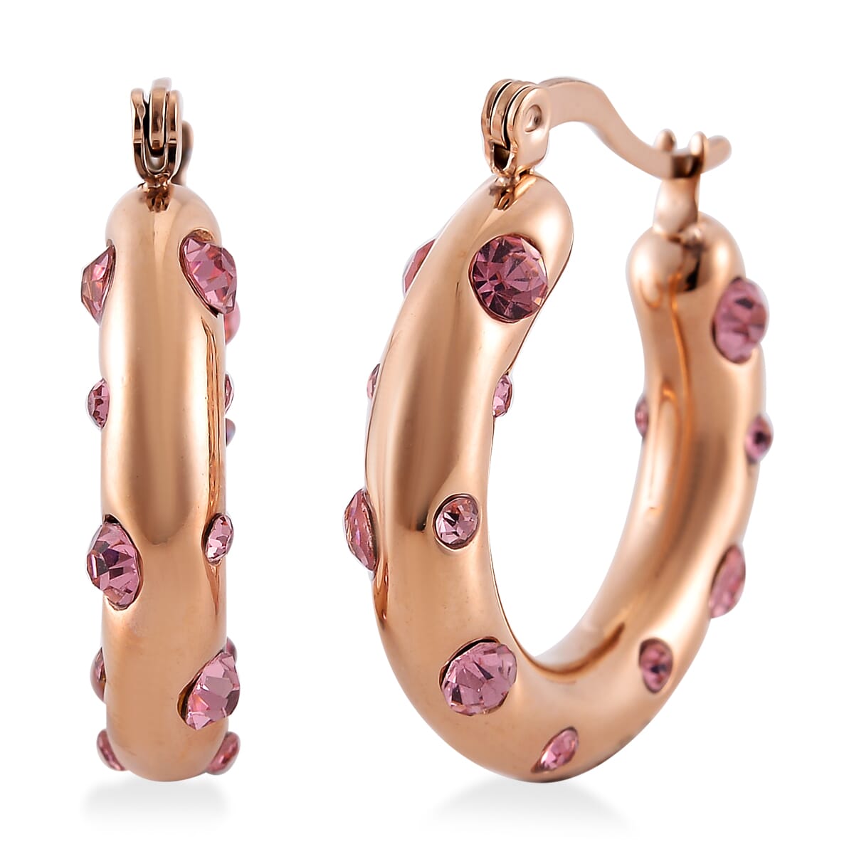 Pink Austrian Crystal Hoop Earrings in ION Plated RG Stainless Steel image number 0