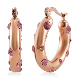 Pink Austrian Crystal Hoop Earrings in ION Plated RG Stainless Steel